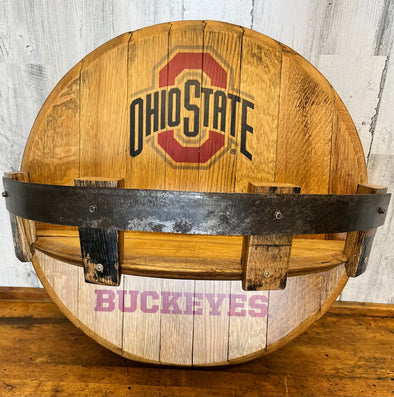 Round Wooden Wall Hanging Shelf with Metal Bar Featuring "Ohio State O" Design with "Buckeyes" Sentiment