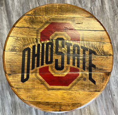Round Wooden Accent Table Featuring "Ohio State O" Design on the Top