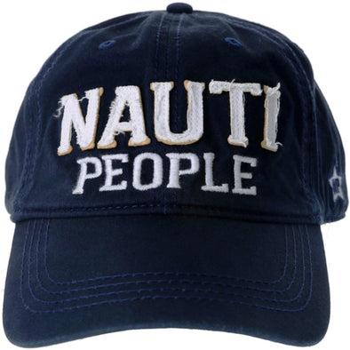 Navy Blue and White Adjustable Back Closure Cap Featuring Embroidered "Nauti people" Sentiment with Applique Anchor Patch Design