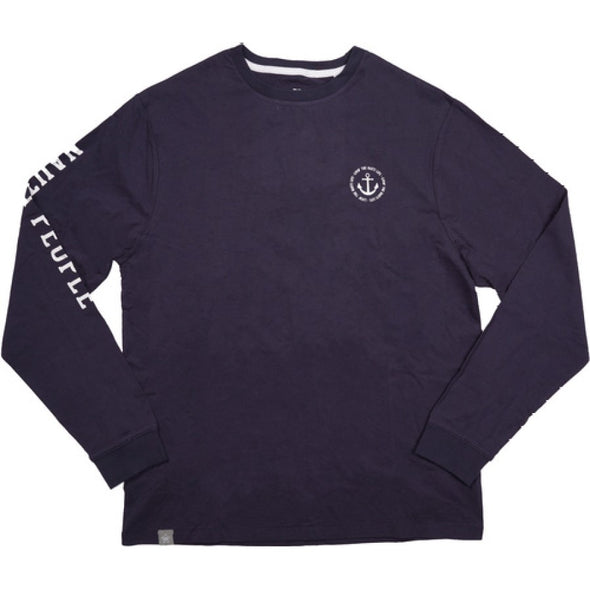 Double Extra Large Navy Blue Round Neck Long Sleeve Shirt Featuring "Nauti People" on the Arm, Anchor Design on the Left Chest, and "Life is Better Being Nauti" Sentiment at the Back