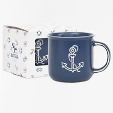 Navy Blue Ceramic Mug Featuring An Anchor Design On The Front
