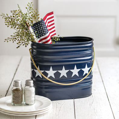 9 Inch Navy Blue Finish Bucket Featuring White Stars Around the Bucket and a Handle