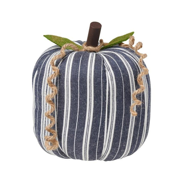 7 Inch Navy and White Striped Pumpkin Home Decor with Green Leaves Design