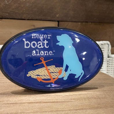 Blue Oval Trailer Hitch With Dog and Anchor Design And Never Boat Alone Phrase