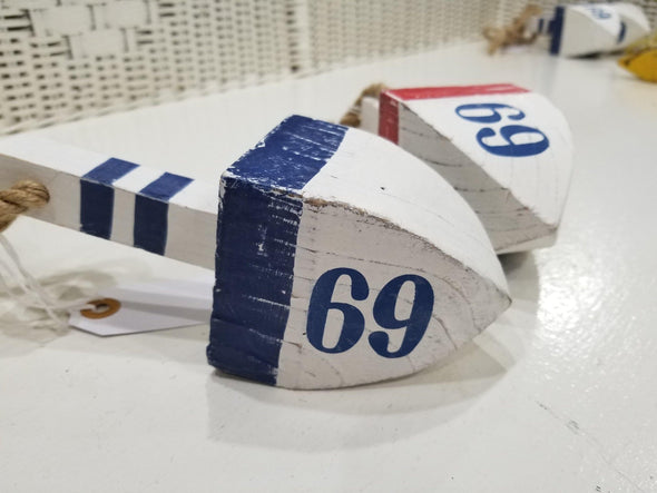 Blue and Red Wooden Buoy Ornament Featuring Number "69" Sentiment and Rope for Hanging