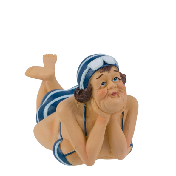 4.5 Inch Woman Sun Bathing Figure Wearing a White and Blue Striped 2 piece with Sun Glasses on her Head