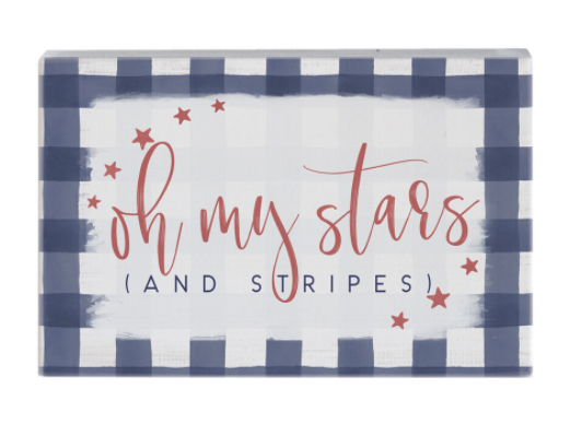 5.25 Inch White Block Sign Featuring Red Text "Oh My Stars" Sentiment with Striped Border Design