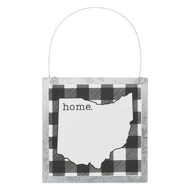 4 Inch Square Black and Whiite Tin Ornament Featuring Ohio Map Frame Design with "Home" Sentiment