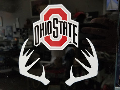 Red and White Ohio State Logo Above Deer Antlers Vinyl Auto Decal
