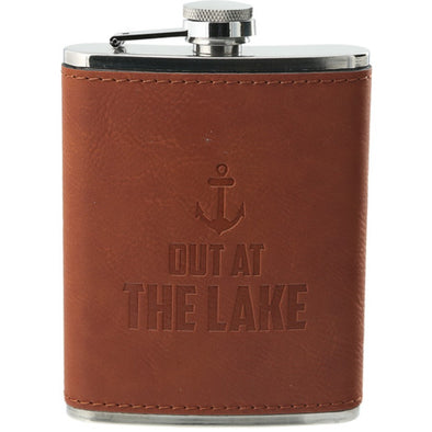 8 Oz Stainless Steel Flusk with Leather Cover Featuring "Out at the Lake" Sentiment with Anchor Design