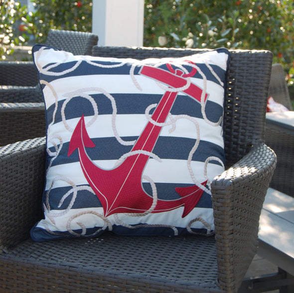Blue Stripe Embroidered Anchor Pillow