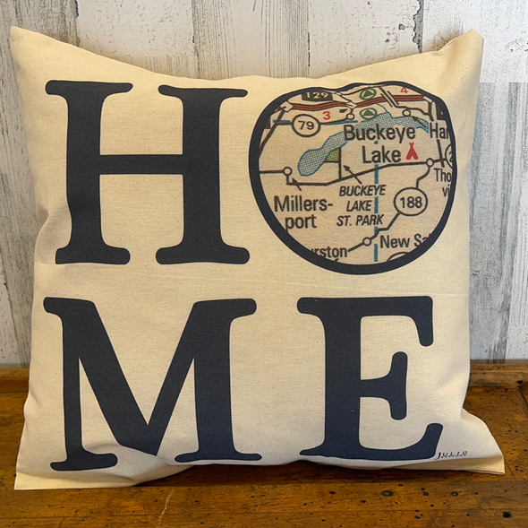 16 Inch Square Pillow Featuring "Home" Sentiment with Buckeye Lake Map Design