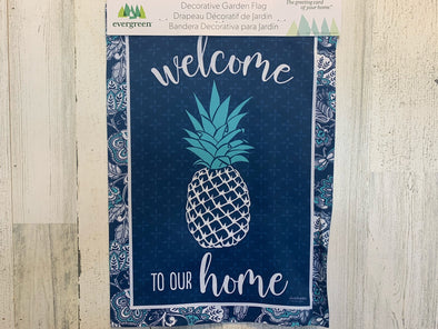 Navy Blue Garden Suede Flag With Pineapple Design and Welcome to Our Home Phrase