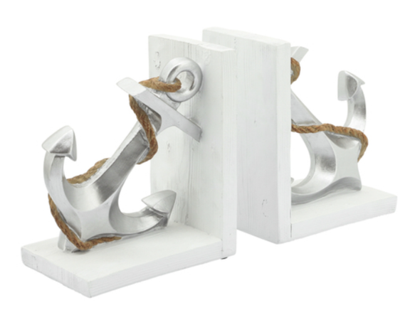 13 Inch White Polyresin Bookends Featuring Silver Anchor with Rope Design