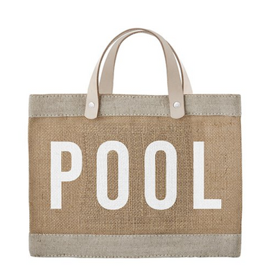 12.5 Inch Brown and Gray Mini Market Tote With Gray Leather Strap And Pool Text Design
