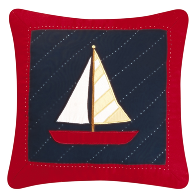 14 Inch red Square Pillow Featuring Quilted Sailboat Design
