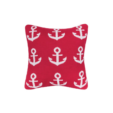 10 Inch Red Square Pillow With Imprinted White Mini Anchor Design