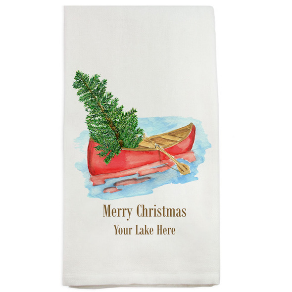 20 Inches White Cotton Dish Towel Featuring a Christmas Tree inside the Red Canoe with "Merry Christmas Buckeye Lake" Message at the Bottom