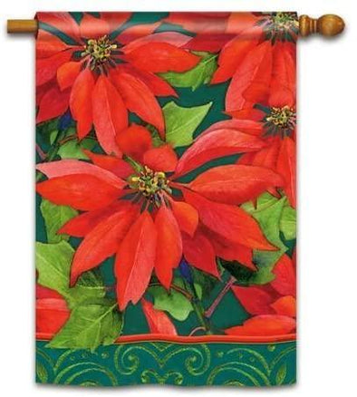 40 Inch Red and Green Garden Flag With Poinsettias Leaves and Flowers Design
