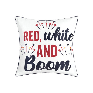 18 Inch White Square Pillow Featuring "Red, White, and Boom" Sentiment
