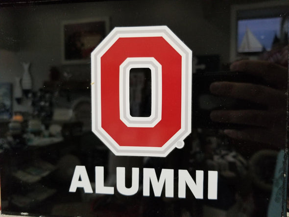 Red And White Block-O Design Vinyl Auto Decal Imprinted With Alumni Phrase