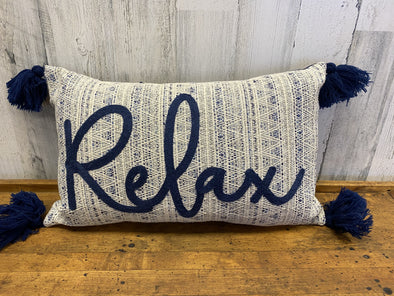 Rectangular Lumbar Pillow Featuring "Relax" Sentiment with Navy Tassels