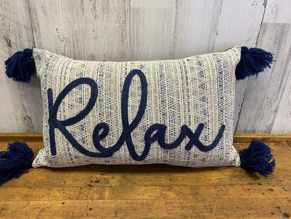 Rectangular Lumbar Pillow Featuring "Relax" Sentiment with Navy Tassels