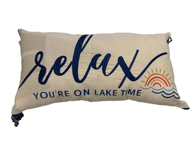 26 Inch Long Brown Pillow Featuring "Relax You're on Lake Time" Sentiment with Sun and Waves Design