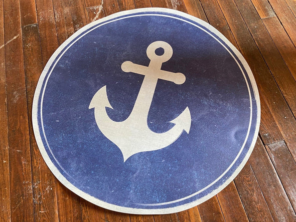 4.75 Foot Blue Round Floor Mat With White Boarder and Anchor Design