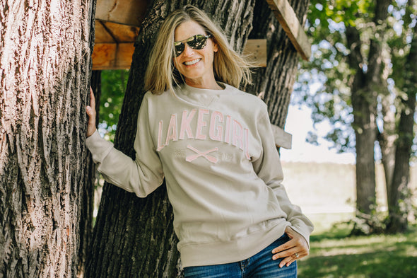 "Relaxed Fit Cappuccino Crew Neck Long Sleeve Sweatshirt With Applique Crossed Paddle Design and Lake Girl Phrase"