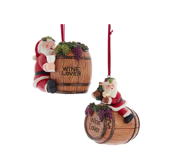 Santa Holding A Wine Bottle And Glass On A Wine Barrel With Green And Purple Grapes And Wine Lover Phrase Hanging Ornament
