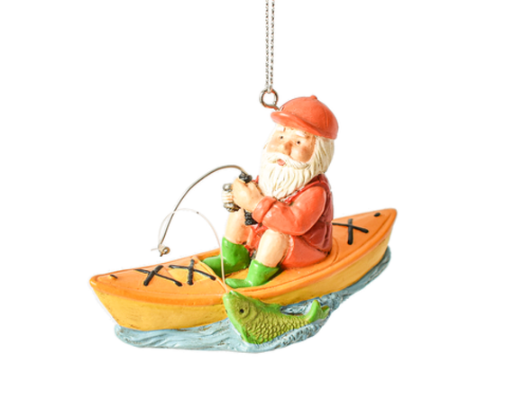 Christmas Holiday Ornament Featuring Santa in a Kayak Fishing