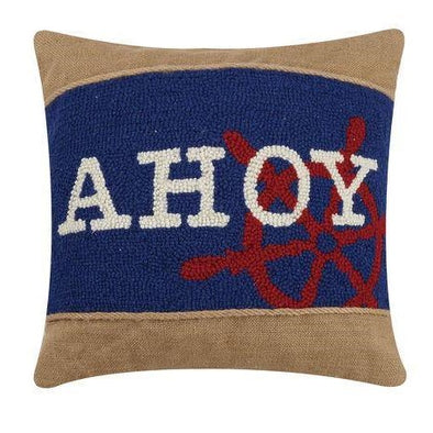 16 Inch Brown Square Burlap Pillow With Red Ship's Wheel Design and Ahoy Text In Blue Background