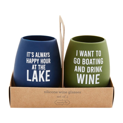 16oz Green and Blue Silicone Wine Glass Set With Lake Saying Prints And Carry Case