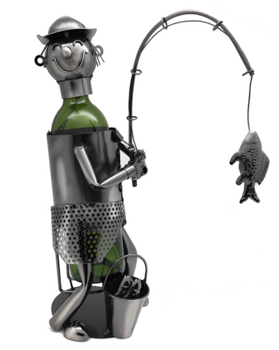16" 3D Silver Metal Fisherman With Fishing Rod With A Fish And Bucket Wine Bottle Holder