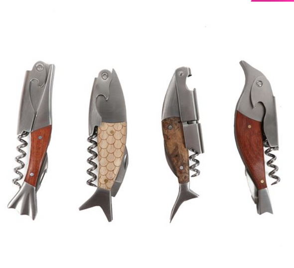 5" 3D Fish-Shaped Stainless Bottle Opener With Corkscrew Packed In An Acetate Box
