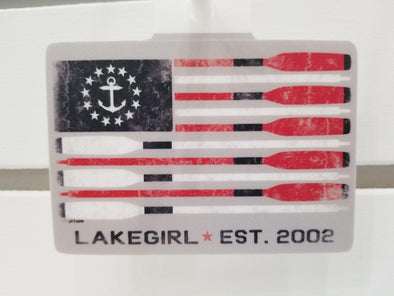 Gray Rectangle Vinyl Sticker With Red and White Paddle Design And Lake Girl Phrase