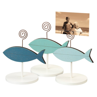 5.75 Inch Fish-Shaped Slat Wood Photo Block Featuring Choice of Three Beachy Blue Hues