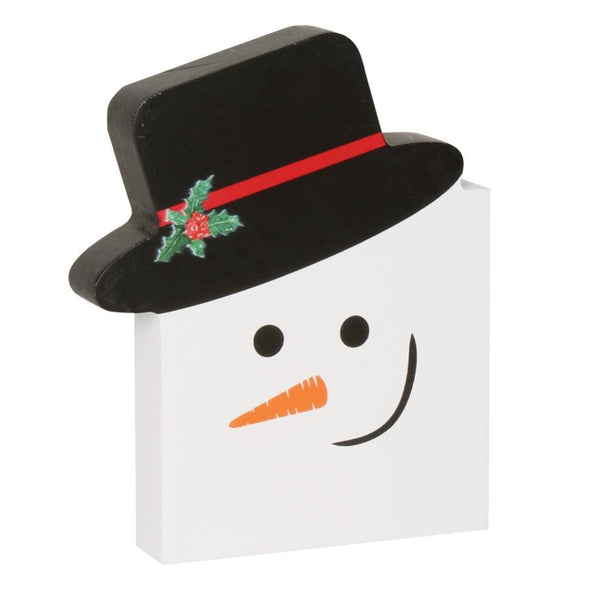 5 Inch Block Sign Featuring Smirking Snowman with Carrot Drawing Nose and a Black Hat