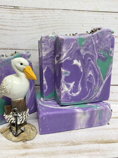 4.5 Ounce Snug Harbor Inspired Violet and Green Hand Cut Bar Soap With Lavender and Mint Scent