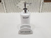 White Ceramic Soap Dispenser With Sponge Holder With Debossed Sentiment and Chrome Finish Metal Pump