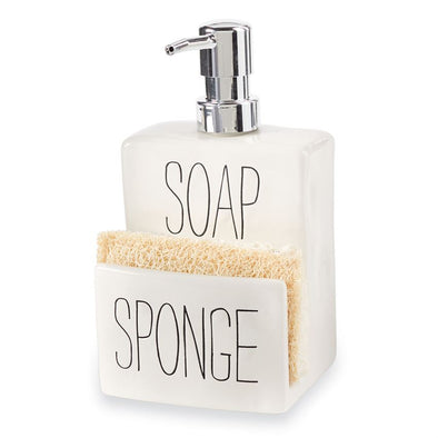 White Mottled Ceramic Soap Dispenser Sponge Holder With Debossed Sentiment and Chrome Finish Metal Pump
