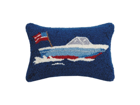 12 Inch Blue Rectagular Hook Pillow Featuring Red, White, and Blue Speedboat Design