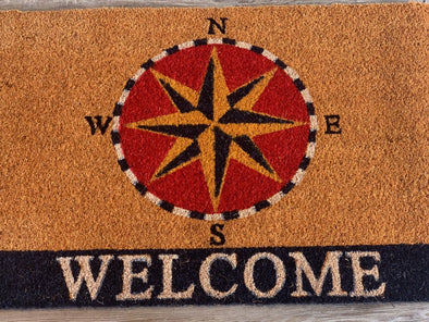 Red White and Blue Coir Door Mat With Compass Rose Design and Welcome Sentiment