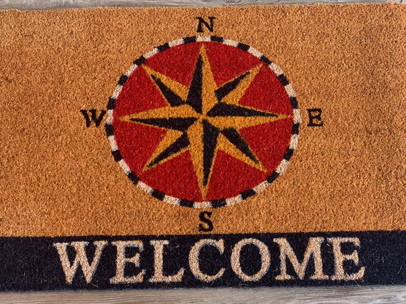 Red White and Blue Coir Door Mat With Compass Rose Design and Welcome Sentiment