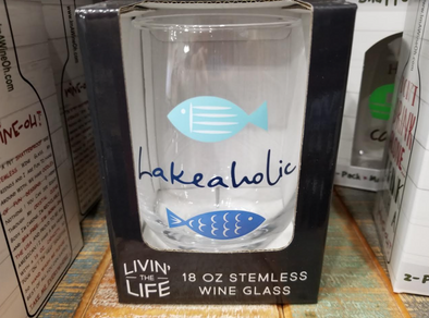 18oz Clear Stemless Wine Glass With Lakeaholic Phrase And Light And Blue Fish Print Design
