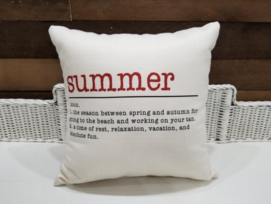 White Square Throw Pillow Featuring Red Text "Summer" and Its Definition Sentiment