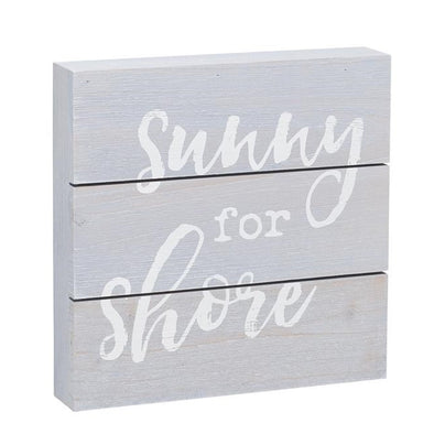 8 Inch Gray Wooden Pallet Box Sign Featuring White Text "Sunny for Shore" Design