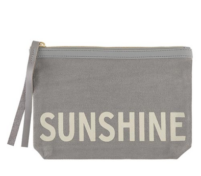 Grey Canvas Pouch with Leather Zipper Pull and White Sunshine Text Design