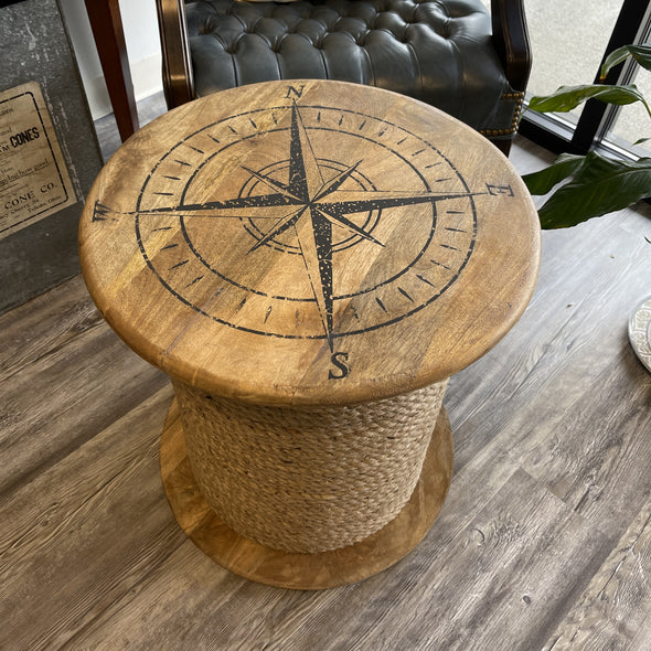 48 Centimeter Diameter Wooden Tabletop Featuring Compass Design with Wrap Around Rope Base